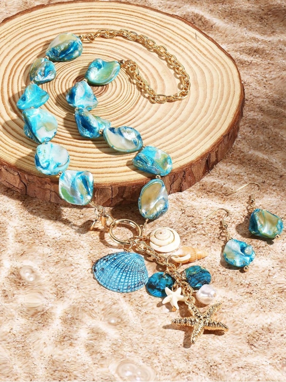 2️⃣pc Set Blue Shell Charm Necklace and Earring Set - Gold Accents